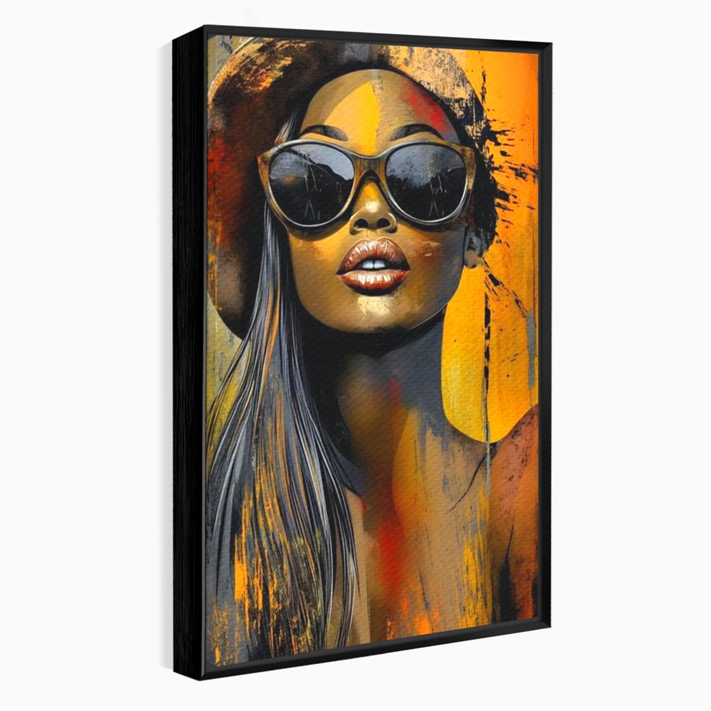 Tablou canvas cu tablou canvas cu portret de femeie ochelari de soare, in rama de aluminiu negru
